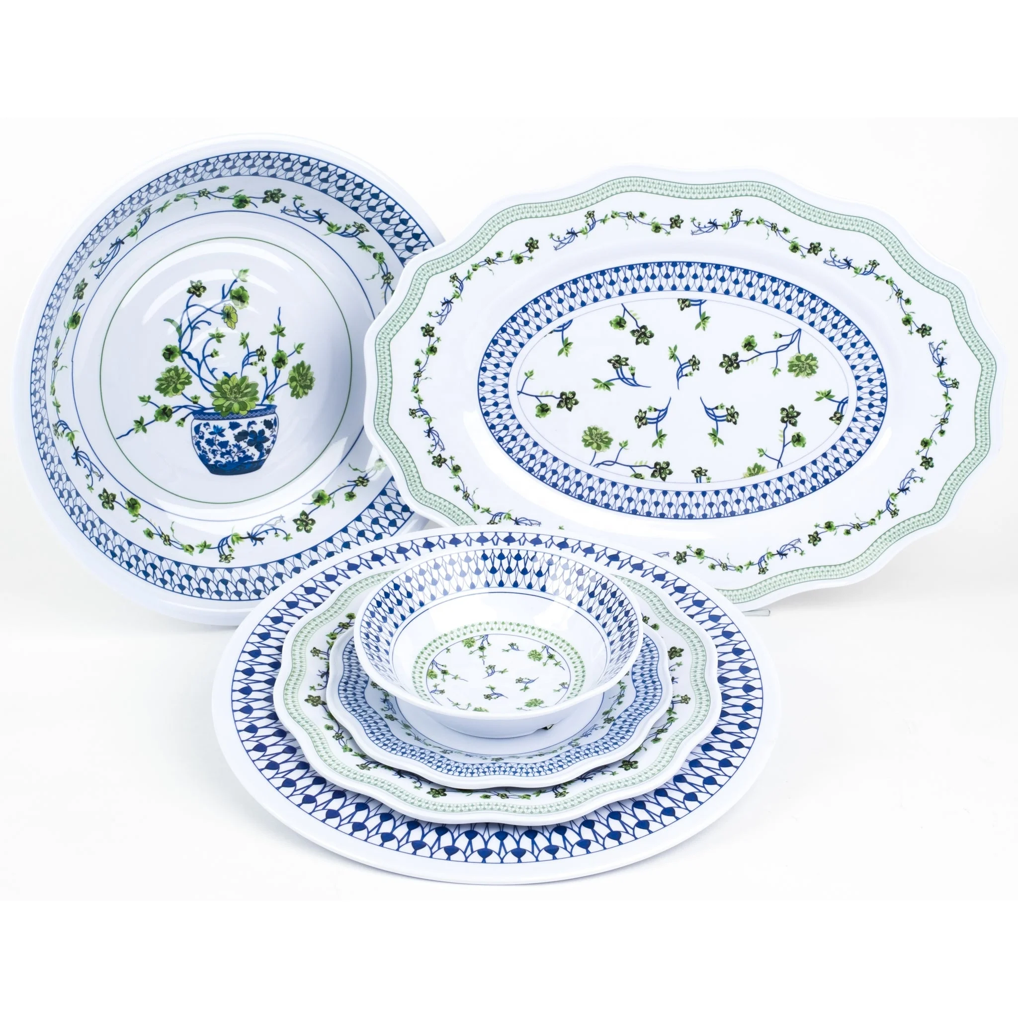 Floral Spring Garden Plastic Plates Large Scalloped Serving Platter Bowl Melamine Tableware Set with Wavy Edge