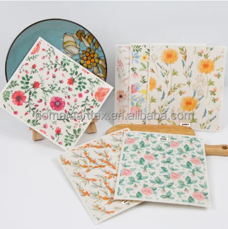 Reusable cellulose cotton dishcloth Natural wood pulp sponge printed Cellulose Sponge Cleaning Dish Towel
