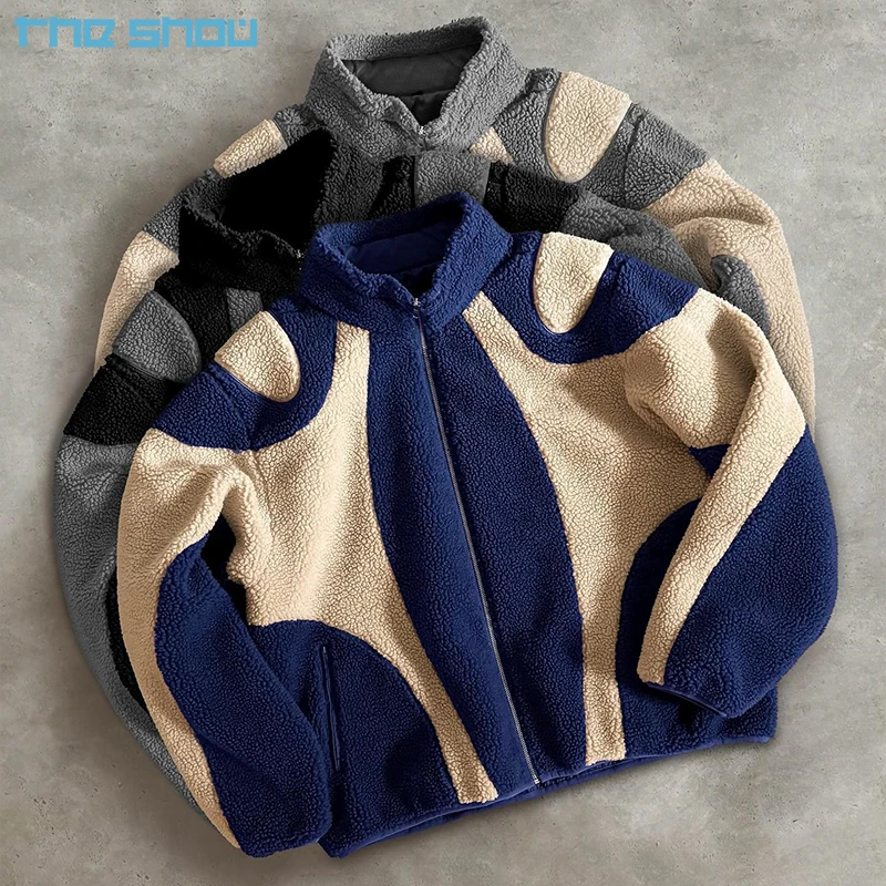 Outerwear Jacket Customized Winter Color-blocking Sherpa Fleece Loose Casual Stand-up Collar Color-block Zipper Jacket