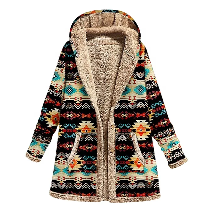 New Design Warm Fleece Plus Size Printed Plush Long Jacket Women Aztec Hooded Coat