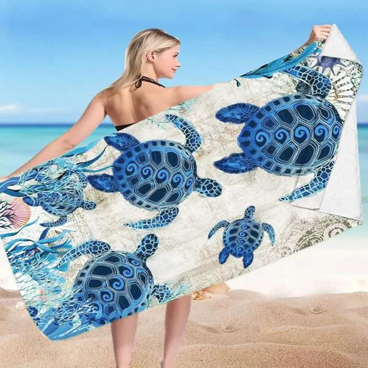 MU Unique design extra large custom print beach towel recycled turtle tropical blue colors personalised 420gsm beach towel
