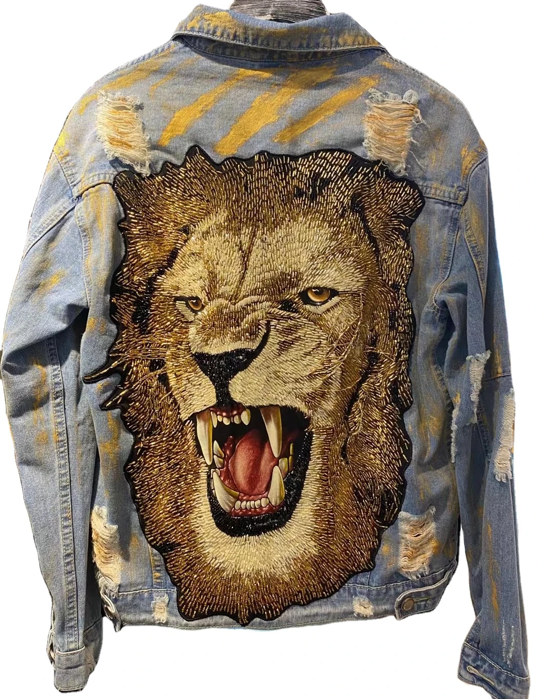 Custom-made high-quality handmade embroidered beaded rock bike denim jacket