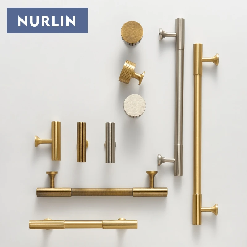 Nurlin Solid Brass Art Deco Vertical Lines Linear Cabinet Knobs T Bars Wardrobes  Gold Nickel Antique Bronze Color Drawer Handle