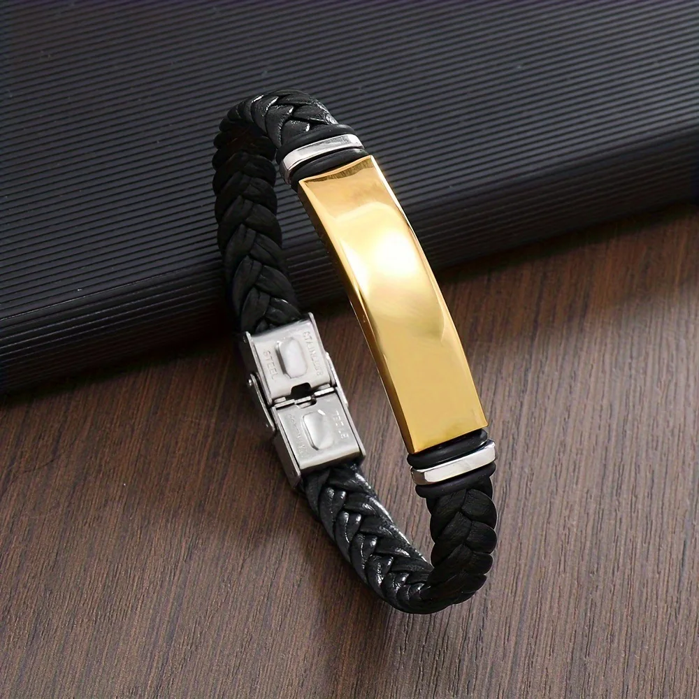 Fashion Classic Titanium Steel Bracelet with Woven Leather and Lettering Charm Style Bracelets For Men