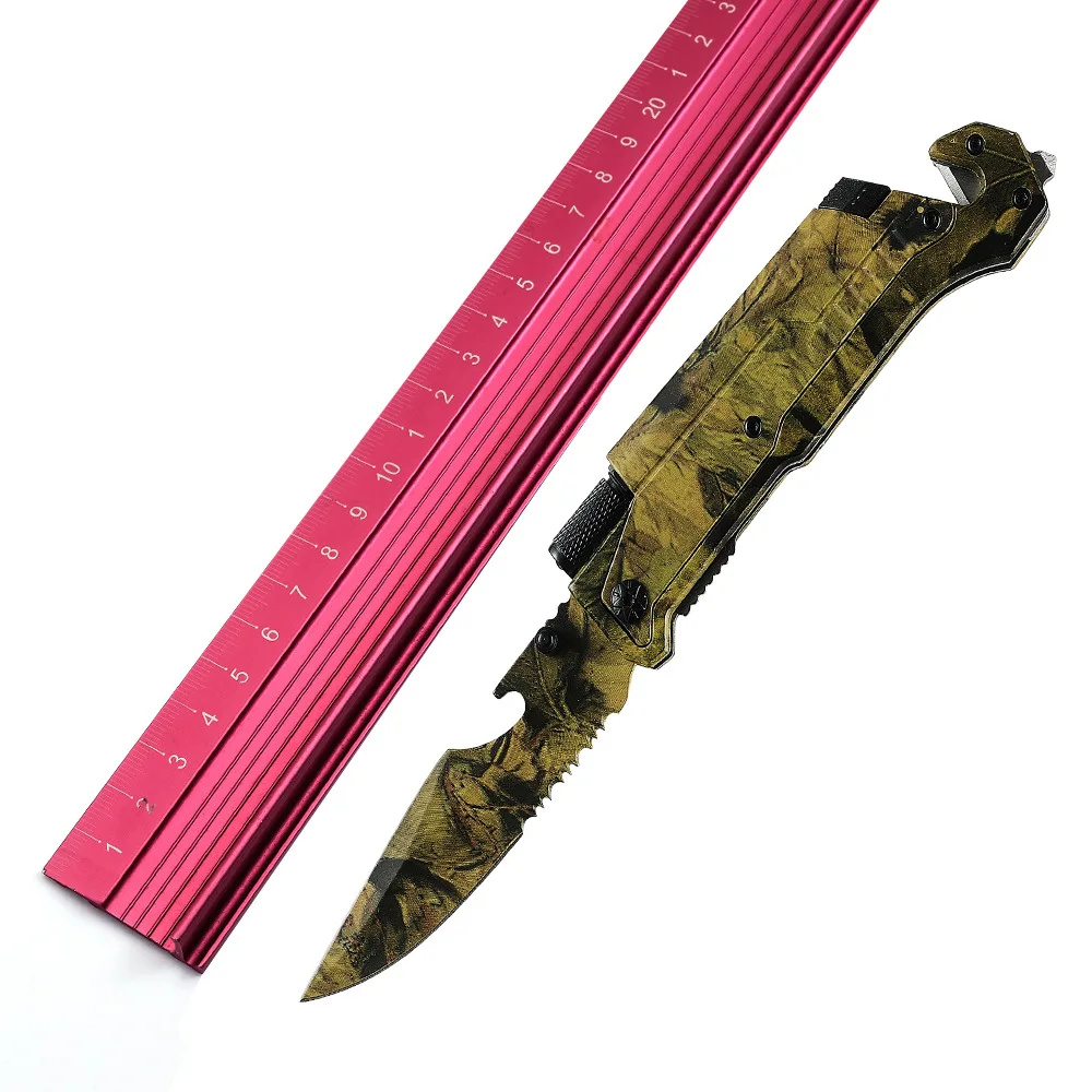 Built in Fire Starter in Aluminium Oxidized Handle LED Light 3Cr13 Serrated Blade with Bottle Opener Camouflage Folding Knife