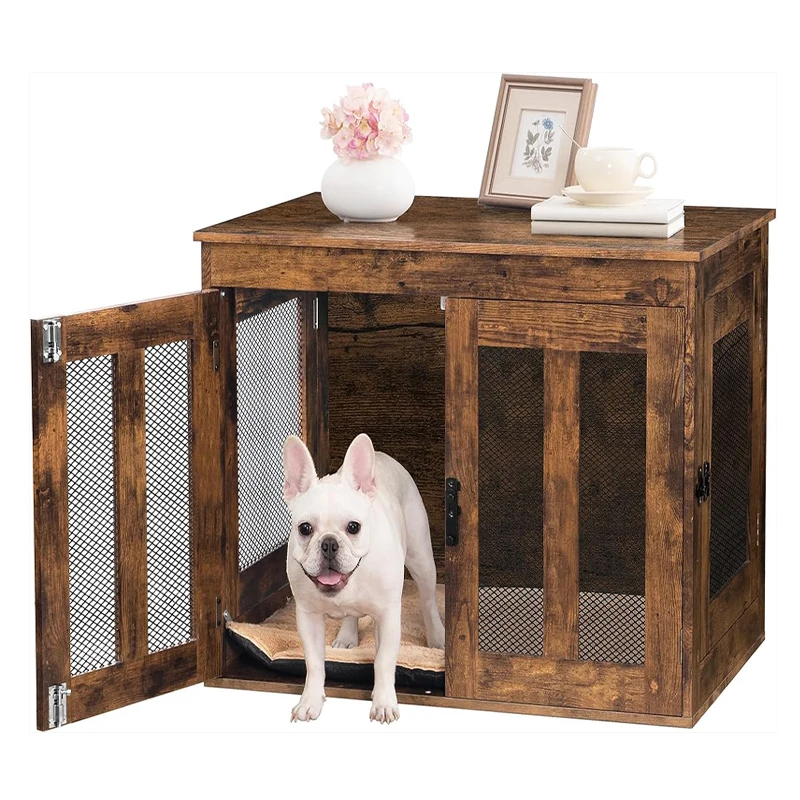 Dog Crate Furniture,  Heavy-Duty Dog Cage with Multi-Purpose Removable Tray, Double-Door Dog House, Rustic Brown