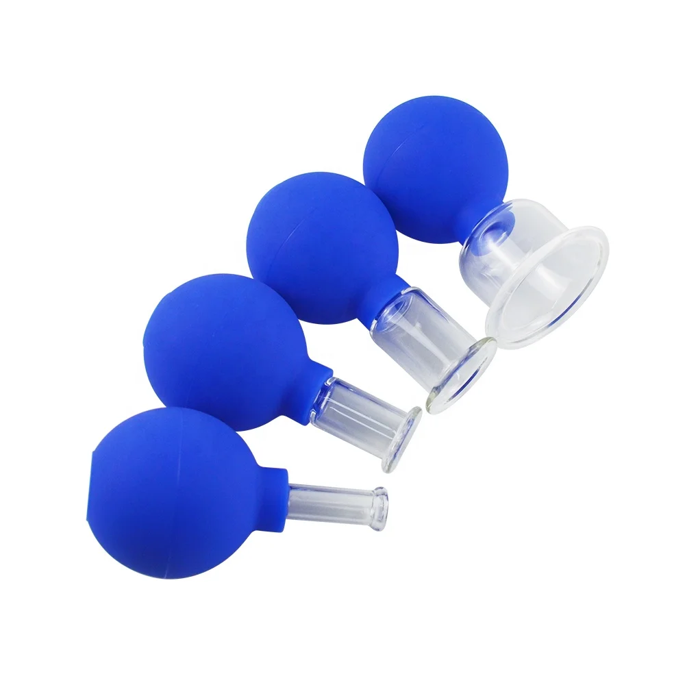 Dongguan factory 4 cupping set glass vacuum cupping set blue color facial Body massage silicone face cupping set