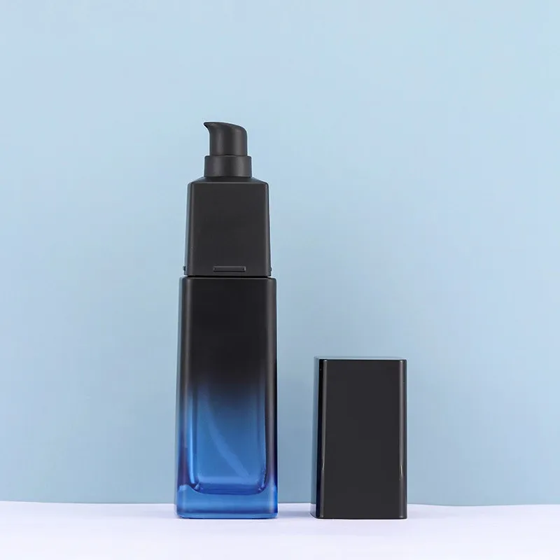 40ml 110ml 125ml black blue gradient skin care lotion pump glass square bottle and 50g face cream glass jar set