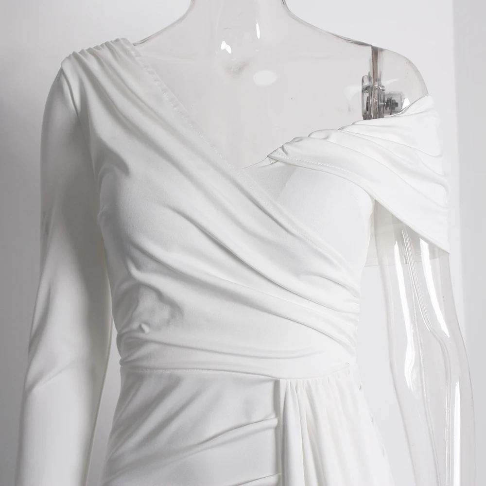 One Sleeve Pleated  Floor Length White Evening Dress Bridesmaids Party Prom Gown With Ribbon for Women