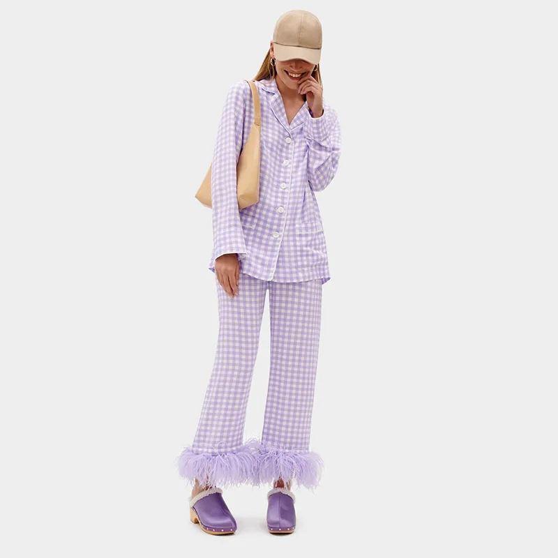 Wholesale Women Purple Checked Pattern Long Sleeve Top&Pants Matching Set Ostrich Feather Trim Cotton Party Pajamas Set