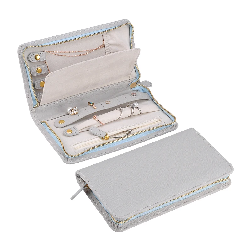 Wholesale fabric foldable velvet jewellery pouch case suede travel gift zipper leather jewelry organizer roll