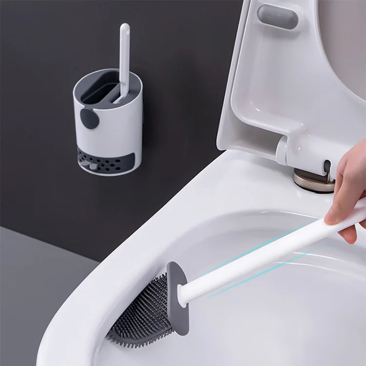Long handle silicone toilet cleaning brush with freestanding holder and small corner cleaning brush flexible toilet brush