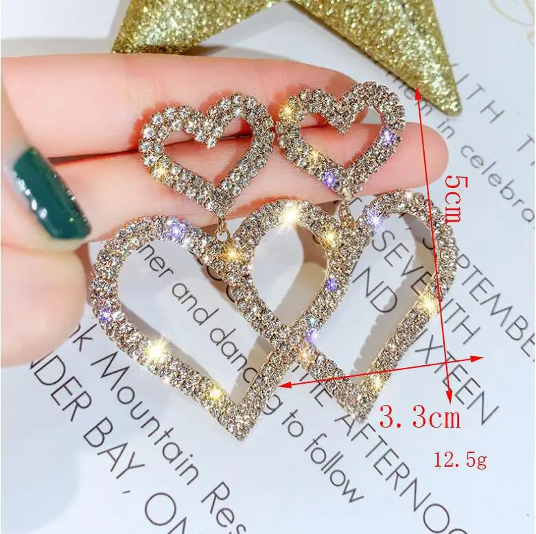 Fashion Exaggeration Diamond Earrings S925 Silvery Heart Earrings Temperament Joker Pendant Love Earring