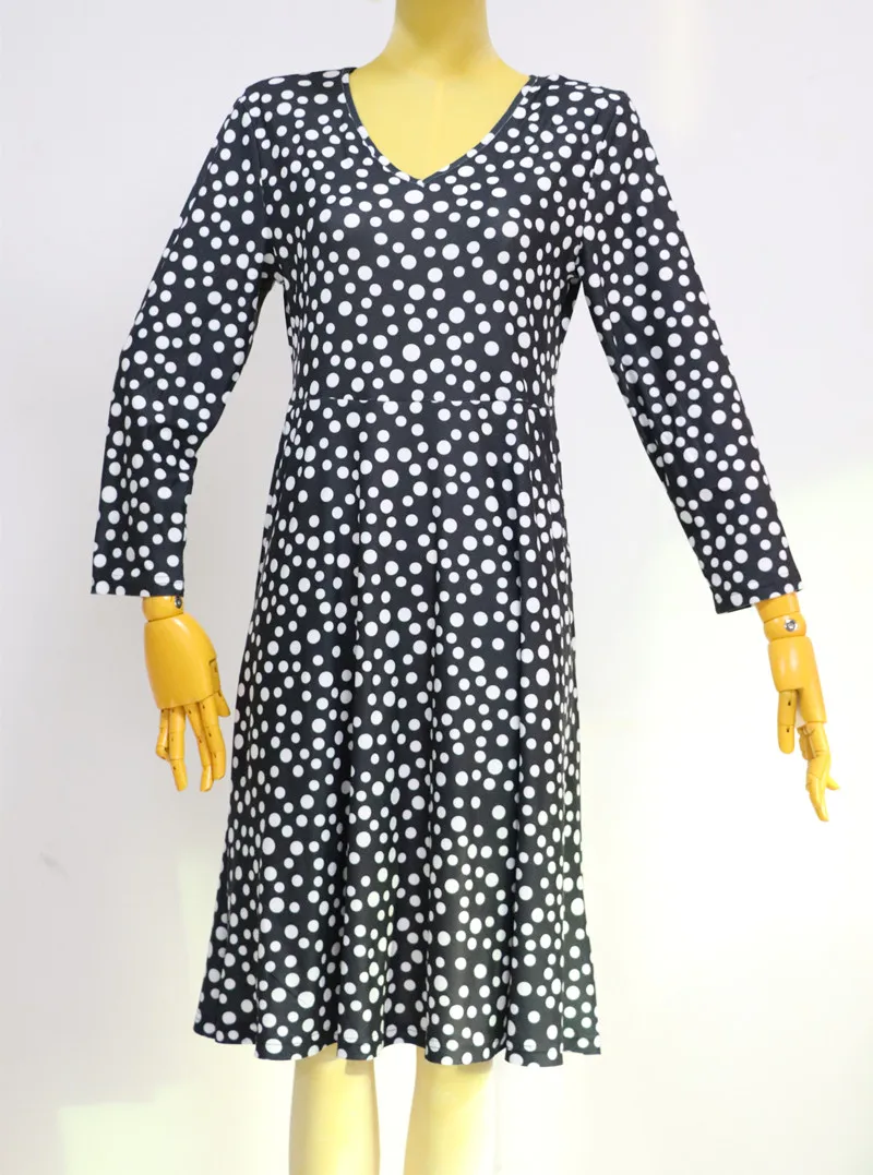 NO MOQ Super Soft Fashion Women Full Long Sleeve Dresses for Winter Custom Polka Dots Autumn Wears V-Neck Dresses with Pockets