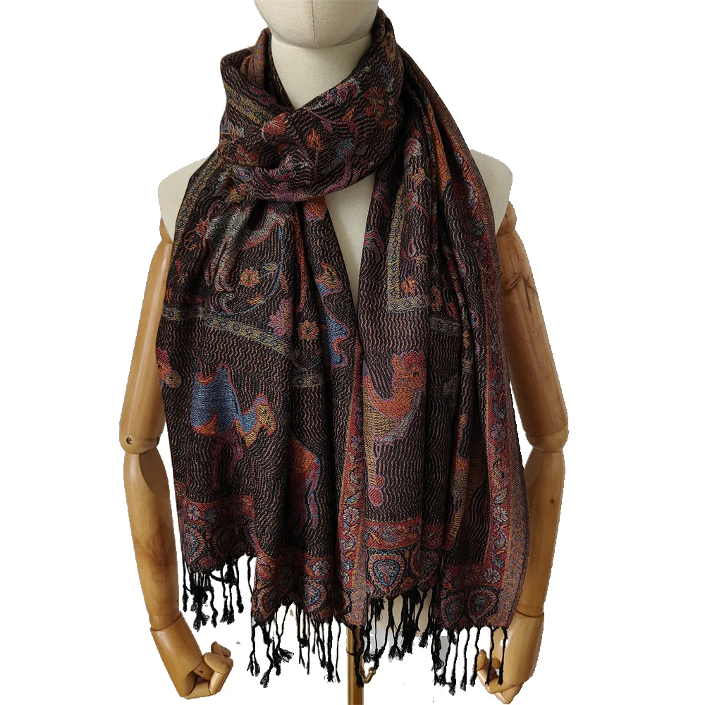 Custom Soft Silky Reversible Camel  Pashmina Shawl Wrap Animal Scarf With Fringes
