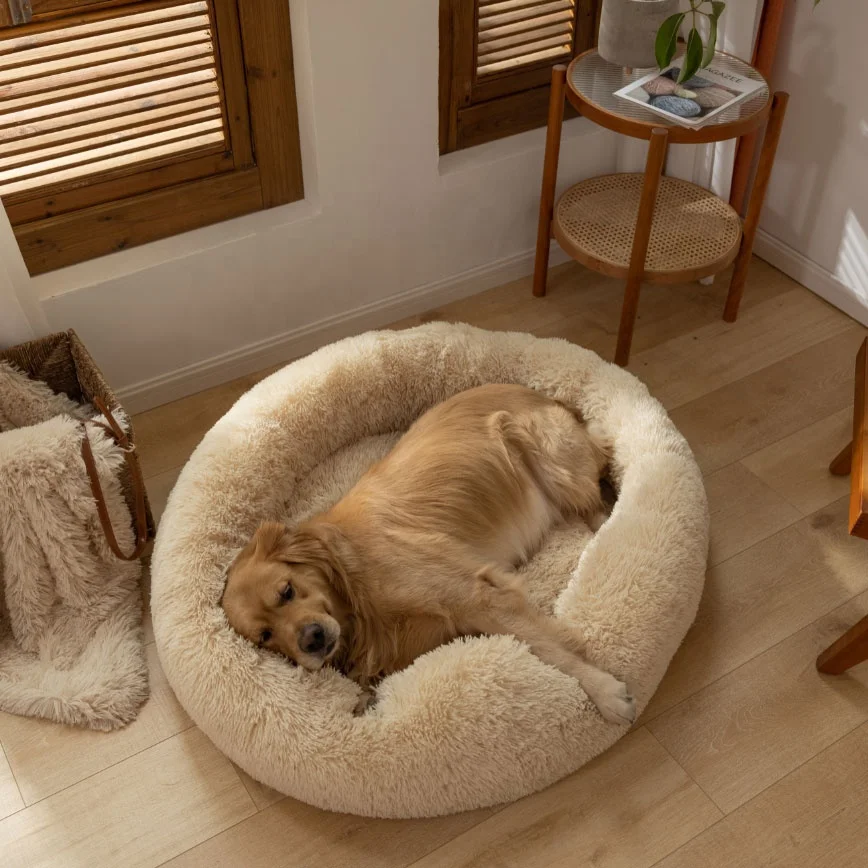 Light Brown Round soft comfort luxury plush dog cat pet beds dog beds washable donut dog bed