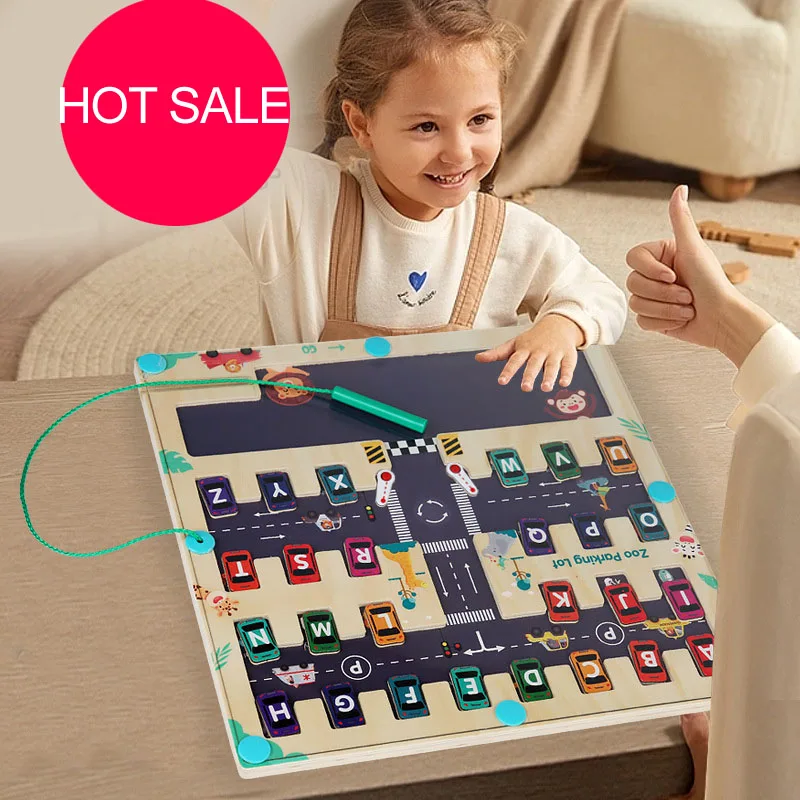 2024 Wooden Letter Matching Magnetic Maze Parking Toy Color Classification Board Teaching Aids Kids Early Education Toy