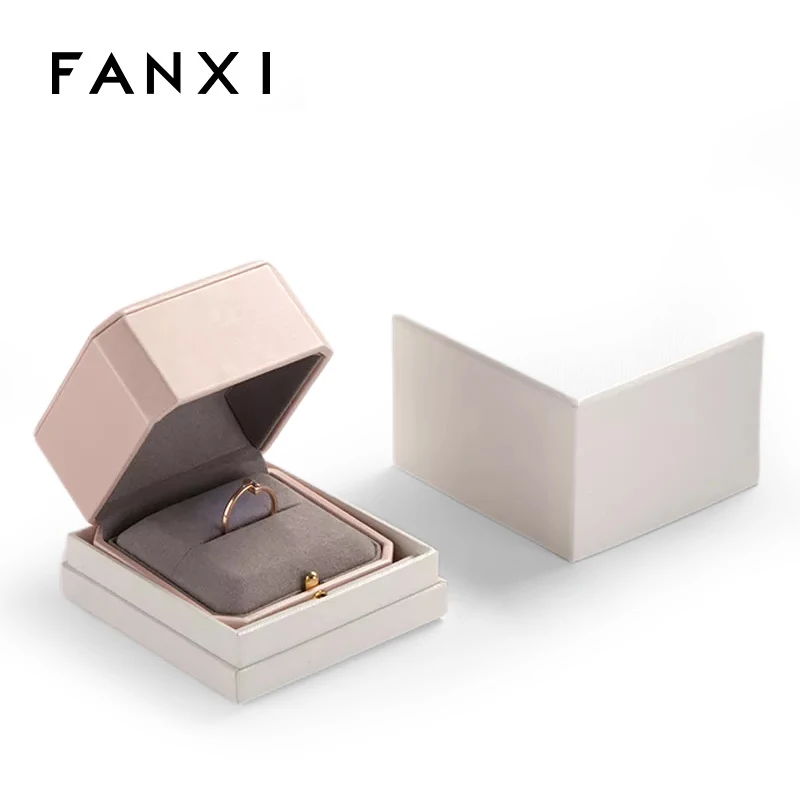 FANXI Customized Luxury Pink Pu Leather And Microfiber  For Ring Necklace Bangle Pendant With Metal Button