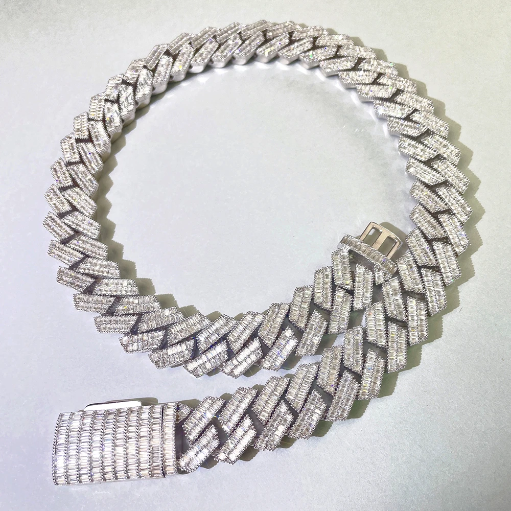 20mm width 925 sterling silver with vvs moissanite pendant necklace cuban link chain baguette diamond luxury hip hop jewelry