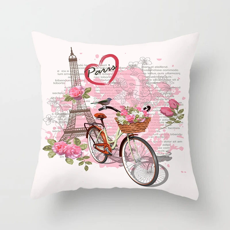 Romantic Paris Design Cushion Pillows with Floral Bird Bicycle Print Pattern Cushion Pillowcases for Promotion