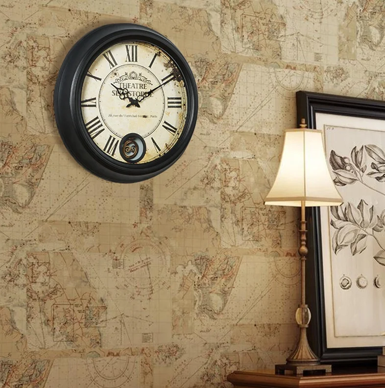 Metal Round Antique Black Wall Retro Decorative Home Pendulum Clock with Glass