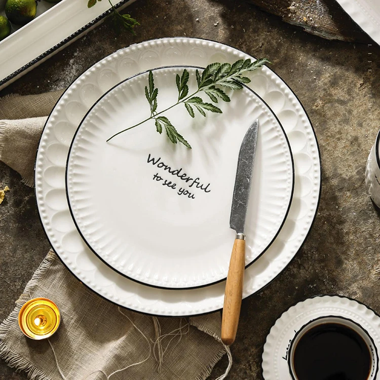 Wholesale european modern elegant customized logo embossed kitchen bowl dishes white ceramic dinnerware sets luxury dinner set