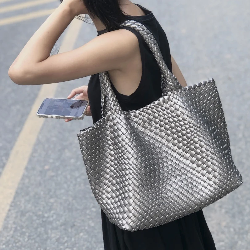 Travel Fashion Beach Soft Genuine Shoulder Women Woven Leather Large Tote Bag