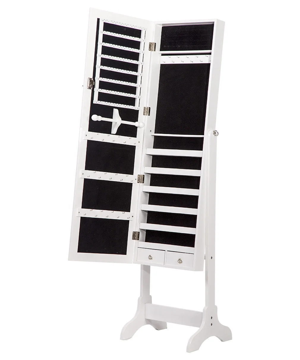
Jewelry Cabinet with Mirror 2 Drawers Lockable Standing rotating mirror jewelry cabinet Organizer Storage Mirrored Stand 