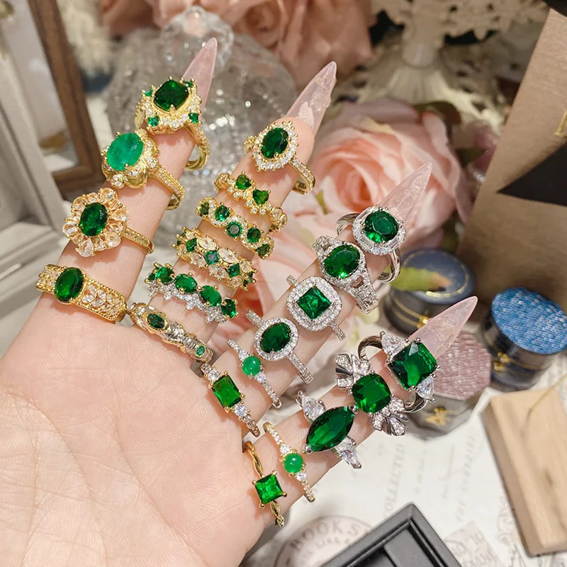 High Quality Full out Cubic Zircon Gemstone Rings Promise Engagement 925 Sterling Silver Emerald Green Stone Rings