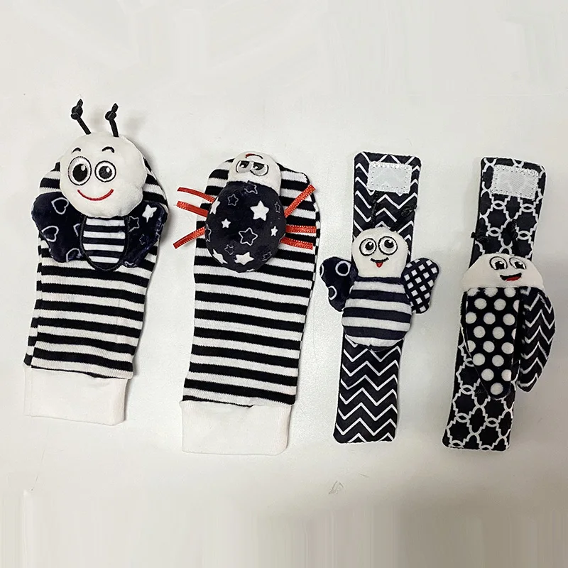 4 in 1 New style Black and white bee ladybug wrist socks rattle baby foot rattle  crinkly paper baby toy D905A