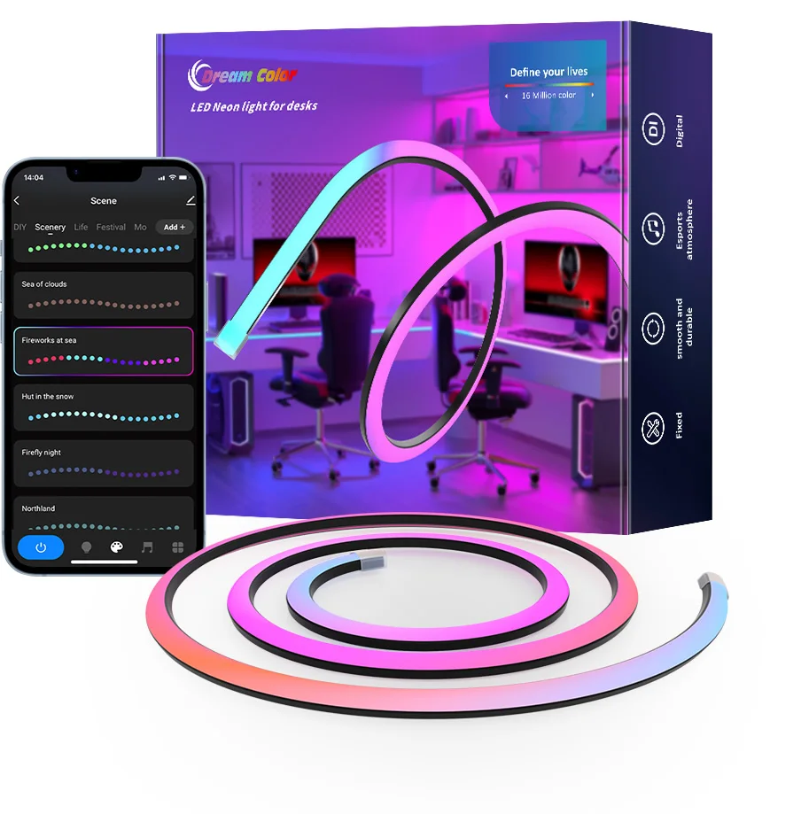 light game, 5m Neon Rope Lights Soft Lighting for Gaming Desks,, Support Cutting, Smart App Control, Music Sync, Adapter