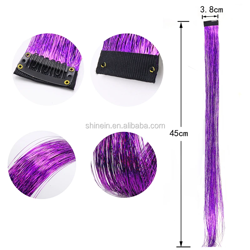 Shinein 150 Strands Straight 37' Metallic Glitter Tinsel Hair Extensions Laser Hair Tinsel Strands for Women