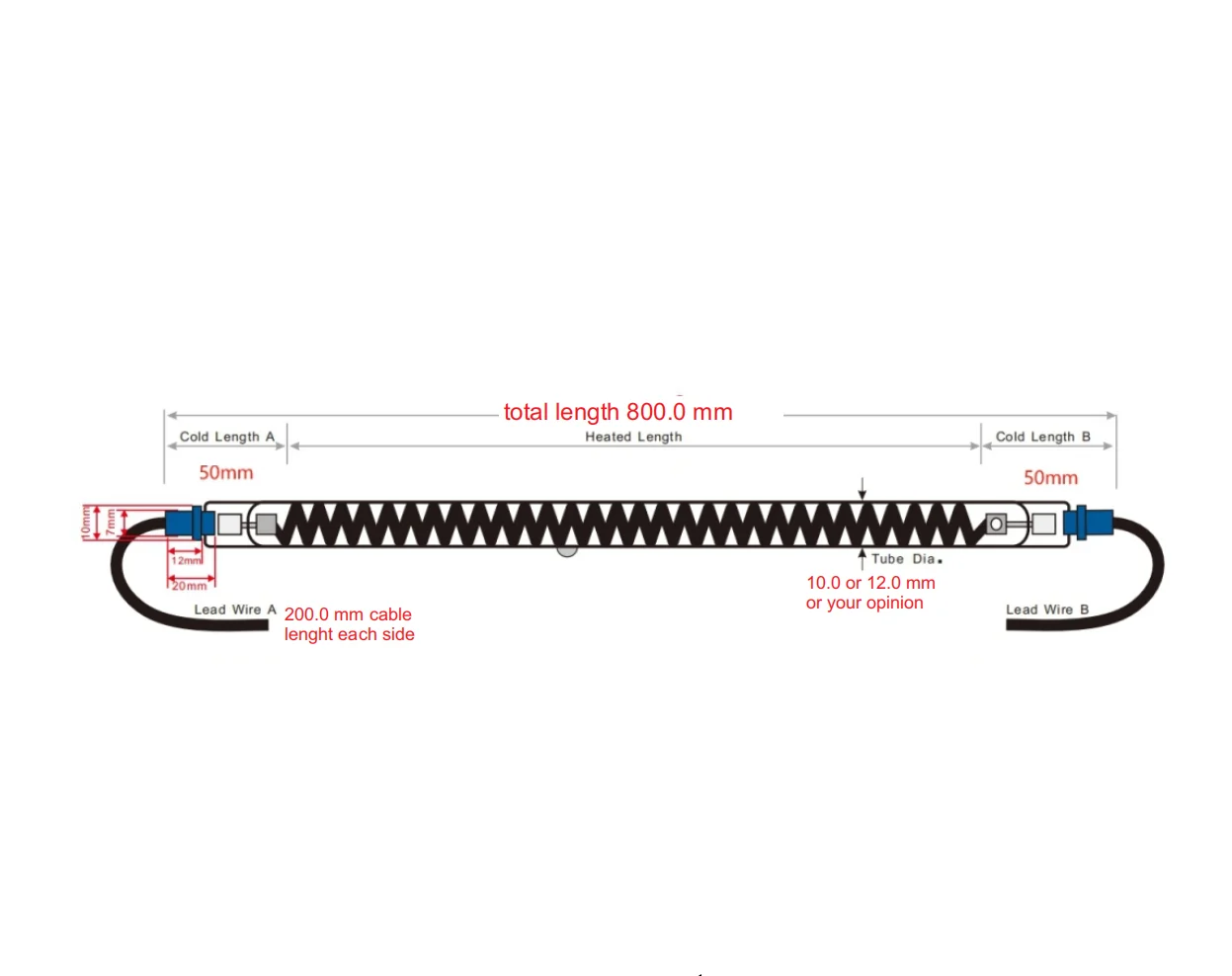 XPR18000149 800w 220v 800mm single tube Carbon fiber IR lamp for food industry