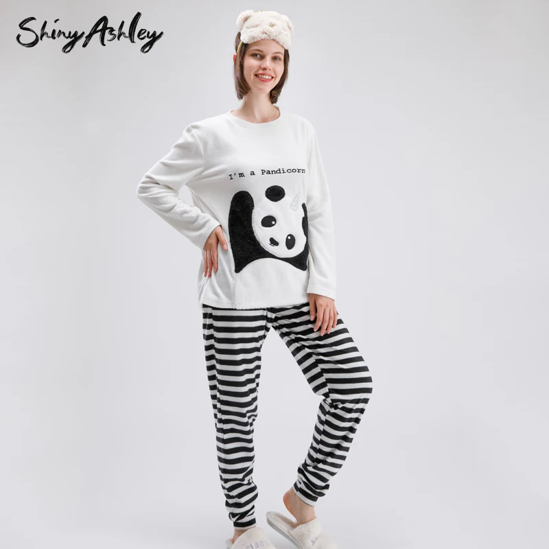 shiny ashley warm 100% polyester Flanneel fleece sleep set cute panda winter women thermal pajama sets