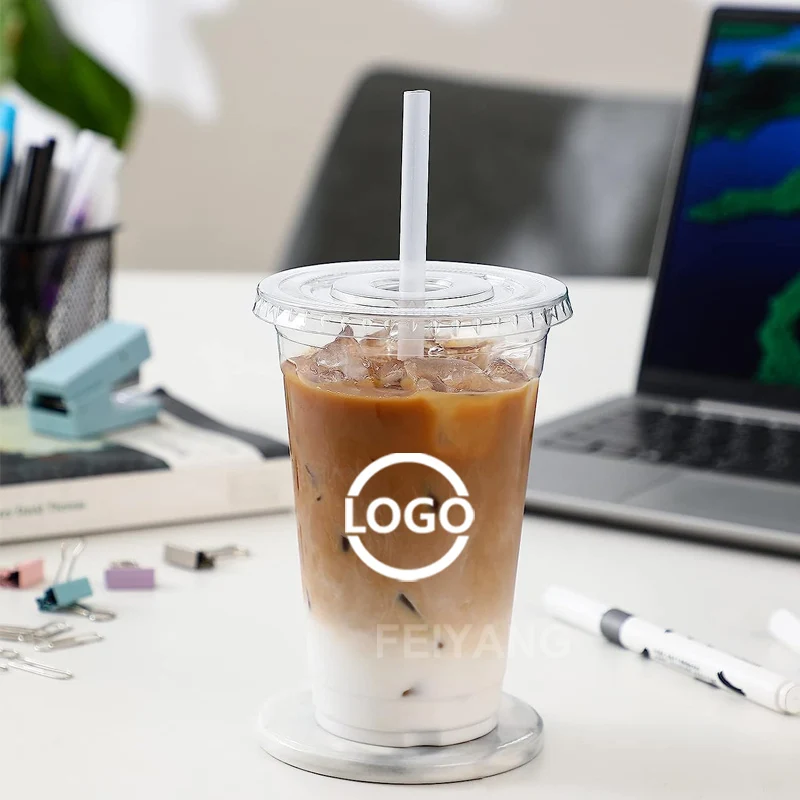 Clear Plastic Disposable Plastic Cups For Iced Coffee Bubble Boba Milk Tea Smoothie With Flat Lids Or Dome Lids Custom Logo
