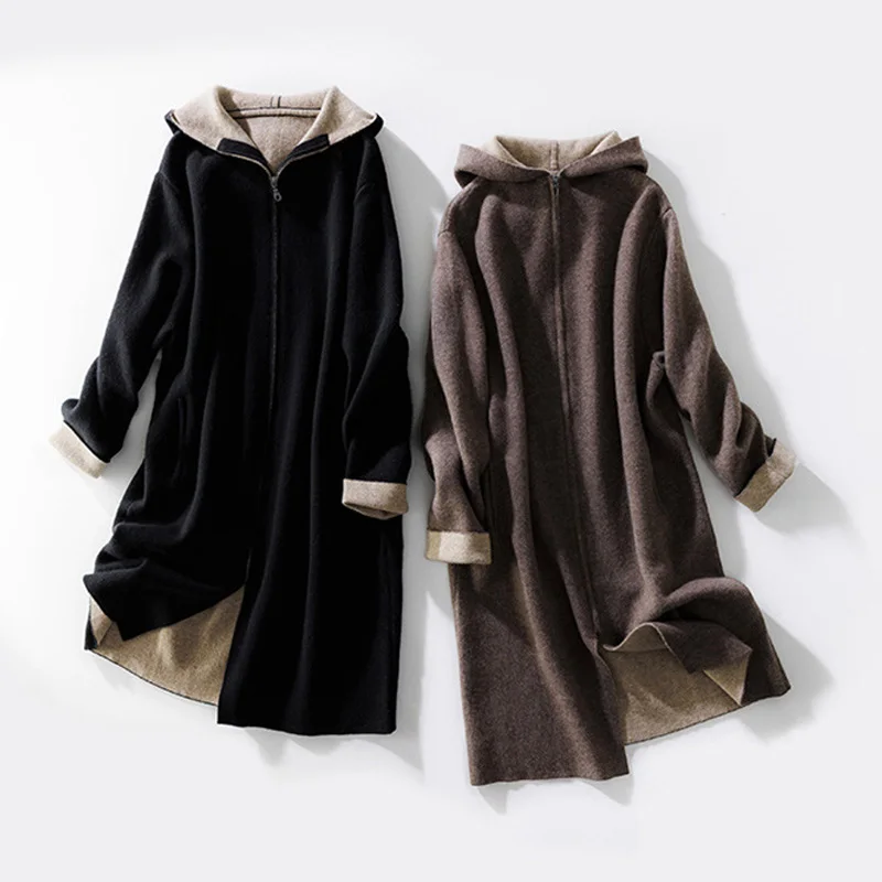 Women Casual Plain Knit Zip Cashmere Long Cardigan Hoodie