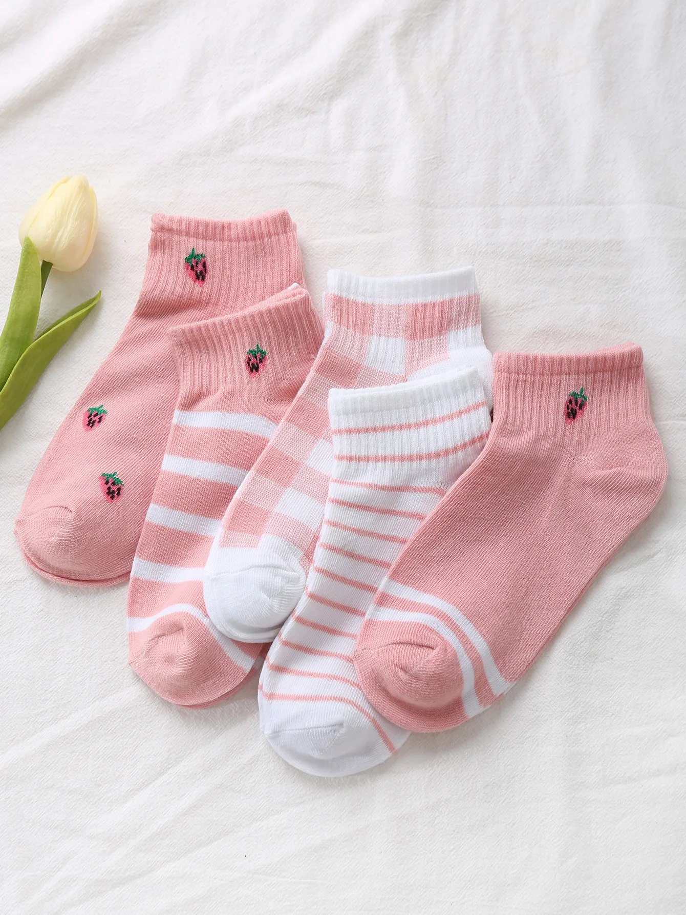 5 Pack Cheap Summer Ladies Strawberry Designs Short Pink Low Cut Women Cute Ankle Socks