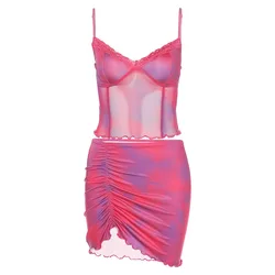 Nibber K21S00765 2021 Women lace Halter Skinny Sexy Club Party Clothes Pattern Print Corset & Mini Skirt Two Piece Setalter