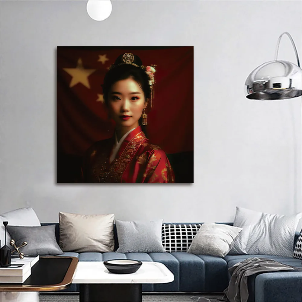 Guanjun Chinese girl painting wall art red vintage wearring canvas prints framed inner frame painting