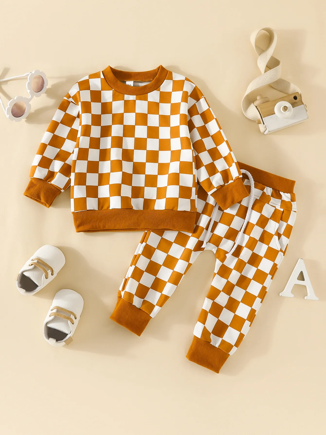 Qingli Oem Fashionable Newborn Baby Trousers Toddler Long Pants Joggers Checkerboard Sweatpants Outfit