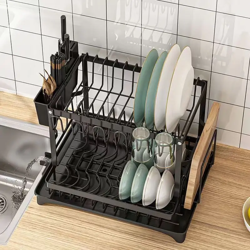 Hot 2-Tier Metal Kitchen Storage Shelf Counter Drain Rack Dishes Utensils Drying Organizer Box Designed Steel Kitchen Sink Tool