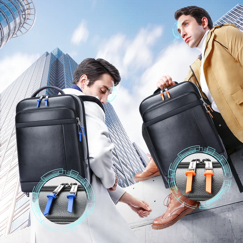 Bopai OEM BSCI premium custom logo multifunctional luxury usb charging bagpack for 15.6 inch laptop genuine leather backpack men