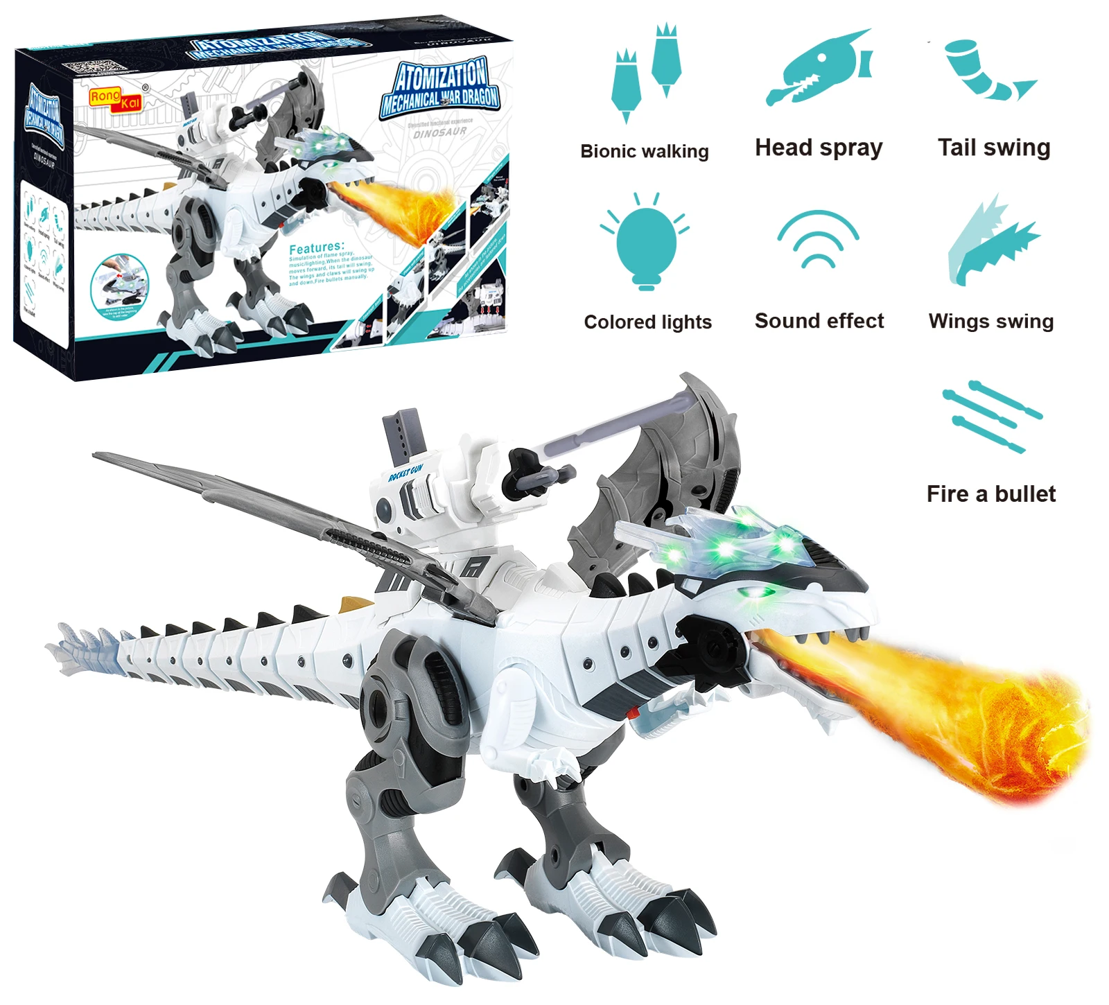 Electric Walking Dinosaur Robot Toy Water Spray Fire Breathing Alive Dinosaur with LED Eyes Realistic Sound Bullets Shooting