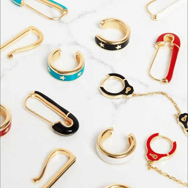 promotion blue red black white enamel hand cuff 2 hole tassel chain earring for women fashion jewelry