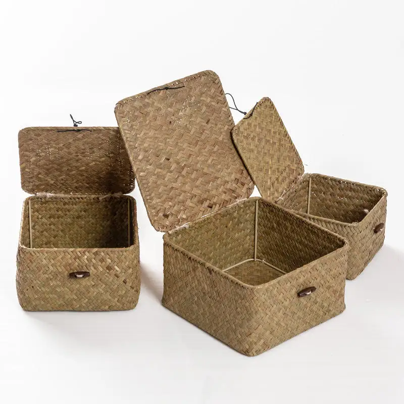 Wicker Basket Desktop Makeup Organizer Multipurpose Container Shelf Baskets with Lid Set of 3 Handwoven Seagrass Storage Box