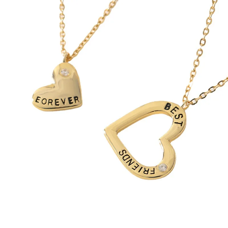Gold Plated Stainless Steel BFF best friend Forever Heart Iced out Pendant Necklace