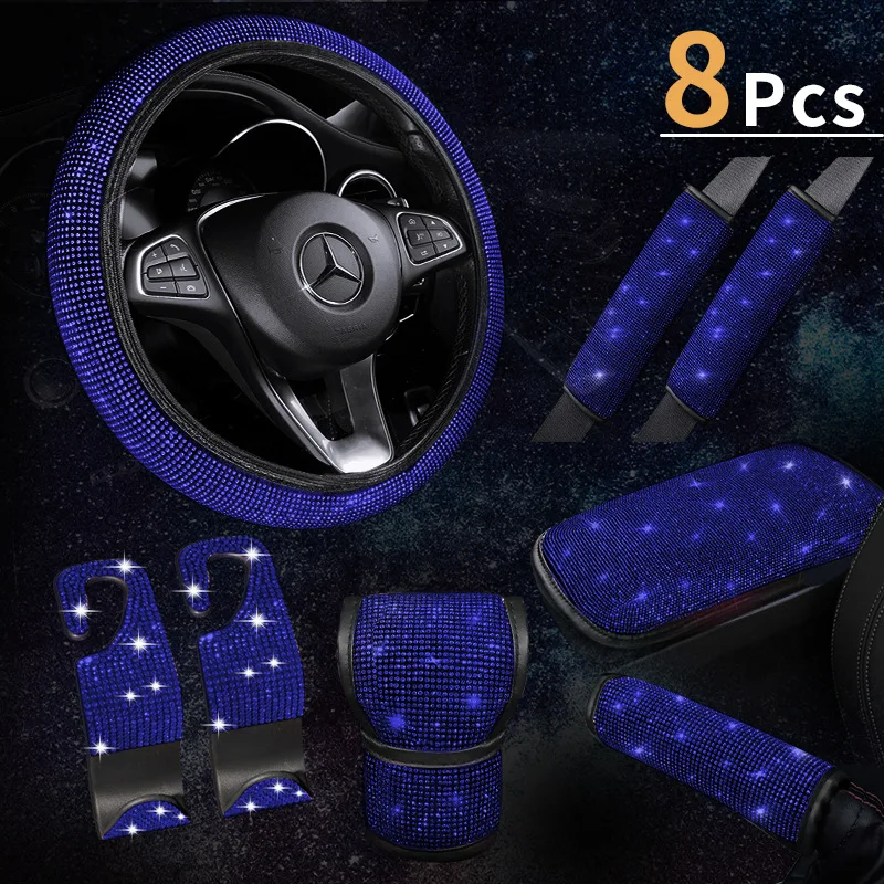 Custom 8pcs Shining luxury bling rhinestone steering wheel cover full setUniversal car steering wheel cover for women diamond