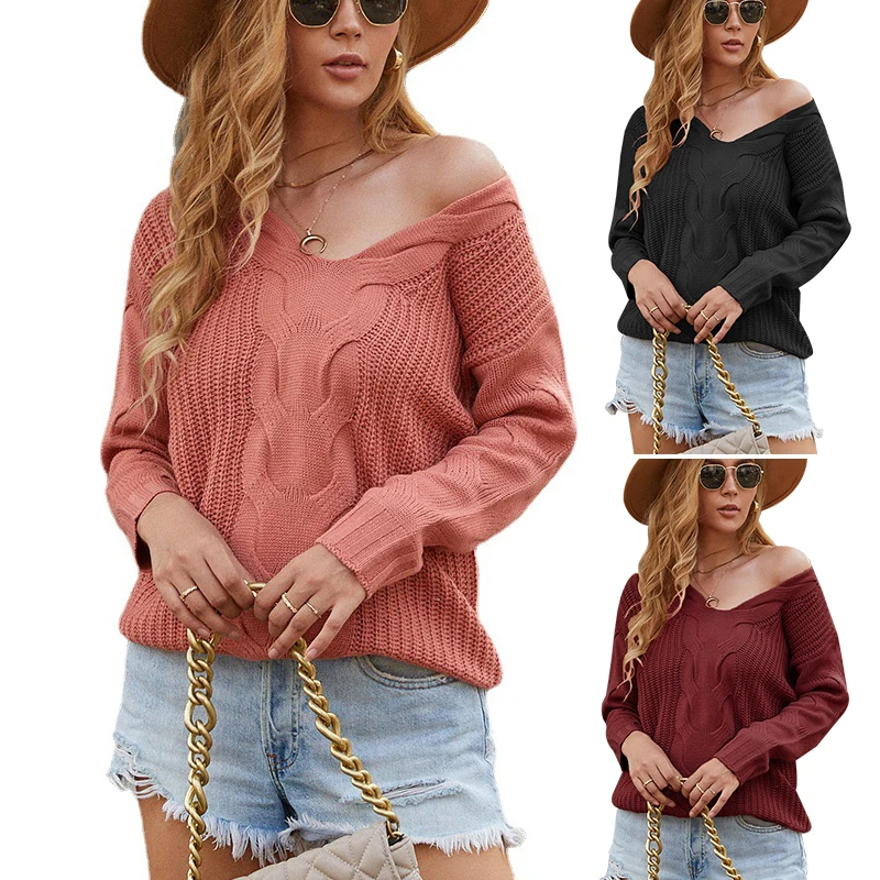 High Neck Cable Middle age pullover sweaters Logo Crewneck Pink Long Sleeve Chunky Knit Rajut Designs Sweater For Women