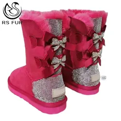 Зимние теплые женские сапоги из овечьей кожи на заказ, меховые сапоги со стразами, уличные Нескользящие сапоги для снега