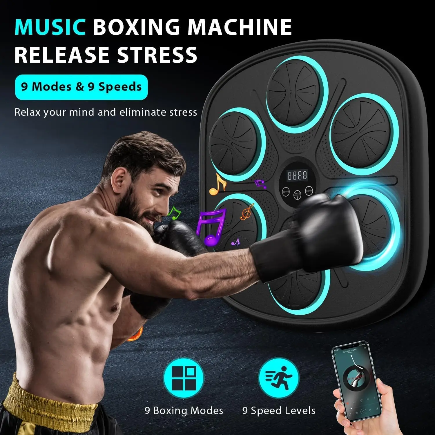 Wellshow Sport Smart Music Boxing Machine with Gloves Bluetooth Training Machine with LED Electronic Wall Mounted for Home Gym